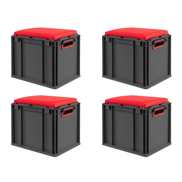 Vier graue Aufbewahrungsboxen mit rotem Sitzkissen