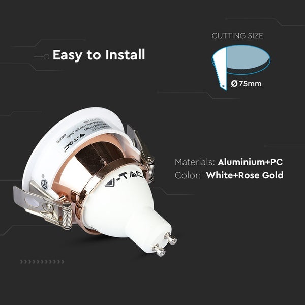 V-TAC Einbaustrahler-Fassung aus Aluminium und Polycarbonat mit GU10-Sockel, Lochausschnitt 75 Millimeter, weiß und roségold.