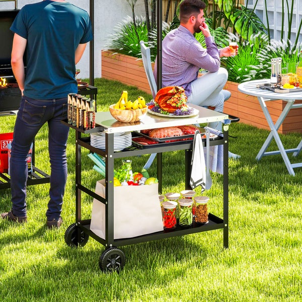 Outsunny Grillwagen 3-Etagen Servierwagen mit Arbeitsfläche Griffe Hülle Räder, höhenverstellbar BBQ Grilltisch Edelstahl, Grill Beistelltisch, Outdoor Rollwagen für Garten Grill 100x52x80cm Schwarz