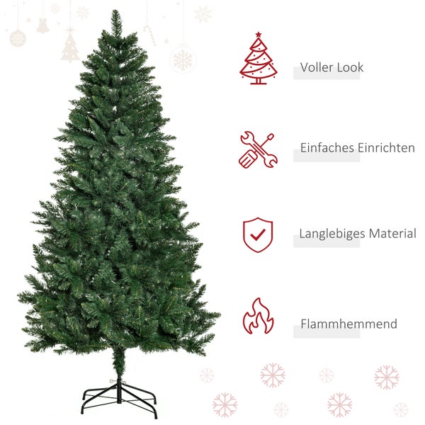 Künstlicher Weihnachtsbaum mit Hinweisen zu dichtem Wuchs, einfachem Aufbau, langlebigem Material und Flammhemmung.