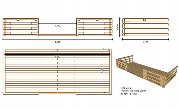 Veranda zum Gartenhaus 5x2 m - Farbe Braun - Imprägniert