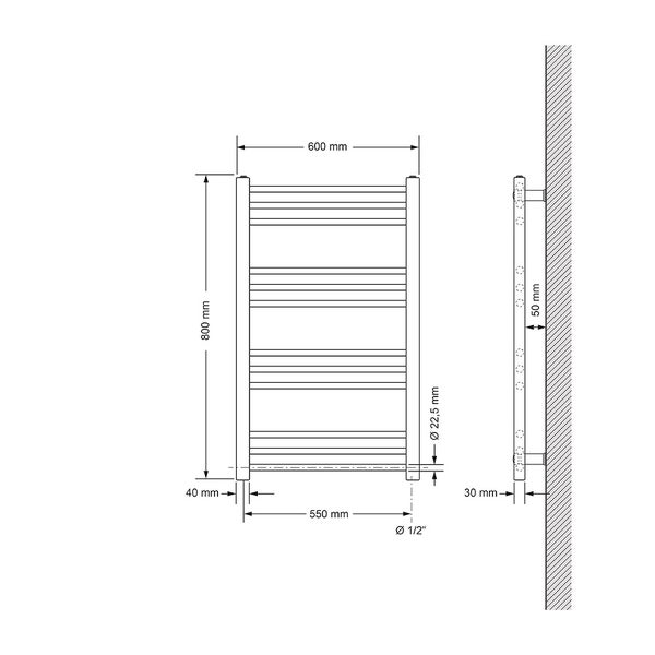 ECD Germany Badheizkörper Elektrisch 600 x 800 mm mit Heizstab 600W Große Leistung - Weiß - gerade mit Seitenanschluss - Heizkörper Handtuchwärmer Handtuchtrockner Handtuchheizkörper Handtuchheizung