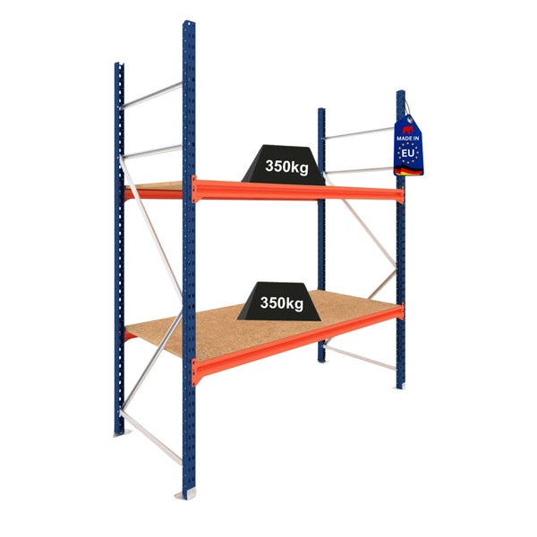 Schwerlastregal aus Metall mit Holzböden, Tragkraft 350 Kilogramm pro Boden, hergestellt in der Europäischen Union.