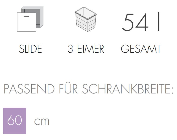 Abbildung einer Auszugvorrichtung mit drei Eimern und einem Gesamtvolumen von 54 Litern, passend für eine Schrankbreite von 60 Zentimetern.