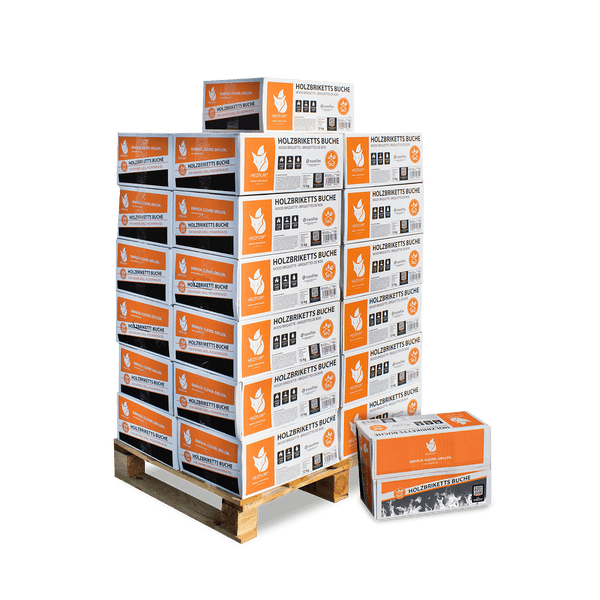 Heizfuxx Holzbriketts Buche gestapelt auf einer Holzpalette, 12 Kilogramm pro Karton, für Kamin, Grill und Pizzaofen.