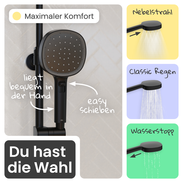 Schwarze Handbrause mit Schieberegler für drei Strahlarten: Nebelstrahl, klassischer Regen und Wasserstopp-Funktion.