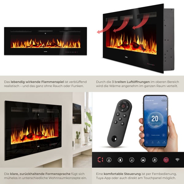 Wandkamin mit Flammeneffekt, Fernbedienung und Smartphone-App-Steuerung