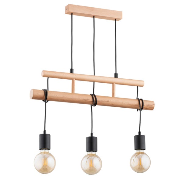 Dreiflammige Hängeleuchte aus Holz mit zylindrischen Fassungen und sichtbaren Leuchtmitteln für ein modernes Wohnambiente.