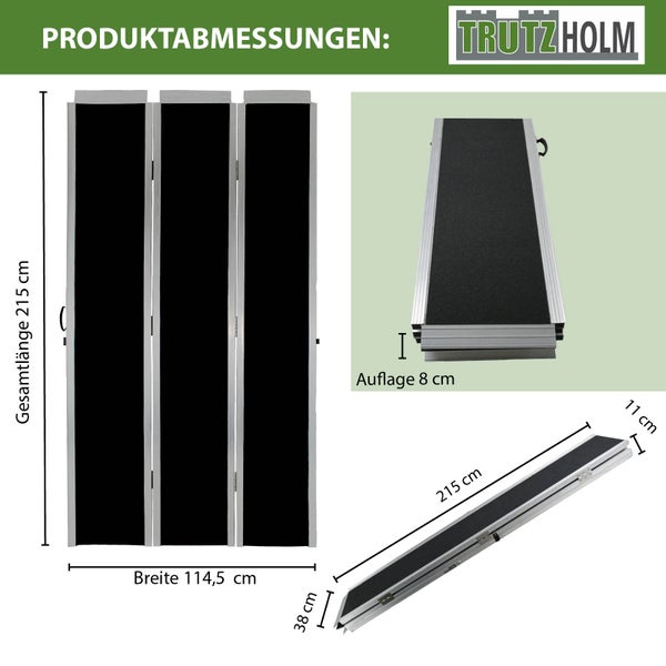 Trutzholm Logo. Produktdetails der Trutzholm Rollstuhlrampe mit den Maßen 215 cm Gesamtlänge und 114,5 cm Breite.