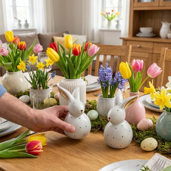 Festlich gedeckter Holztisch mit Osterdekoration, Blumenvasen, bunt gefärbten Eiern und zwei dekorativen Keramikosterhasen in einem Wohnzimmer.
