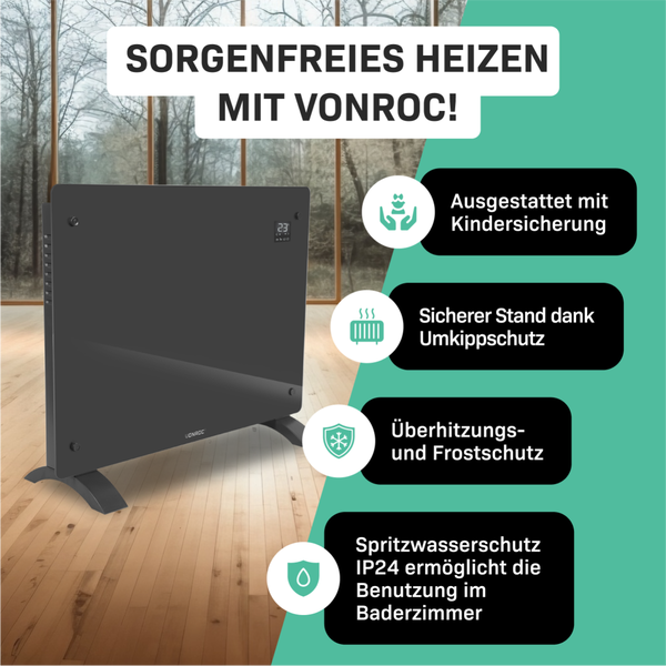 Vonroc Konvektorheizung mit Kindersicherung, Umkippschutz, Überhitzungsschutz und Frostschutz