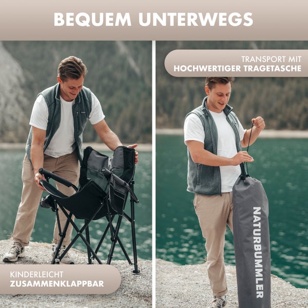 Campingstuhl bis 160kg belastbar - faltbar - eingebaute Taschen- gepolstert mit Sitzkissen
