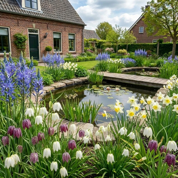 Garten mit steinumrandetem Teich, Holzsteg und Blumen wie Schachbrettblumen und Narzissen vor einem Backsteinhaus.