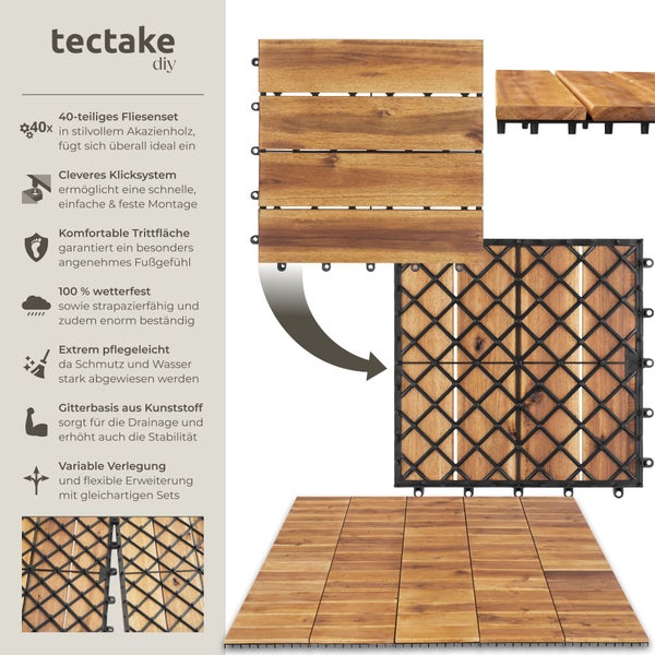 40 teiliges Fliesenset aus Akazienholz mit Klicksystem für die Terrasse, Balkon und Garten.