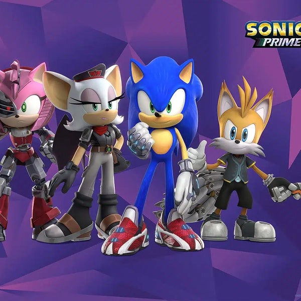 Charaktere aus Sonic Prime: Sonic, Tails, Rouge und Amy Rose in futuristischer Ausrüstung, inklusive Sonic Prime Logo.