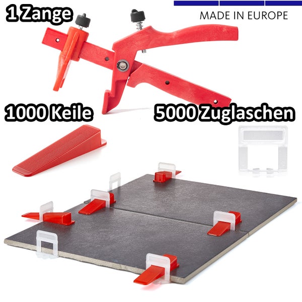 BigDean 5000 Laschen 2mm, 1000 Keile & 1 Zange - Fliesen Nivelliersystem - Frei wählbar - Riesen Auswahl an Fliesenkeilen & Zuglaschen - Verlegehilfe Fliesenleger Set - Made in Europe