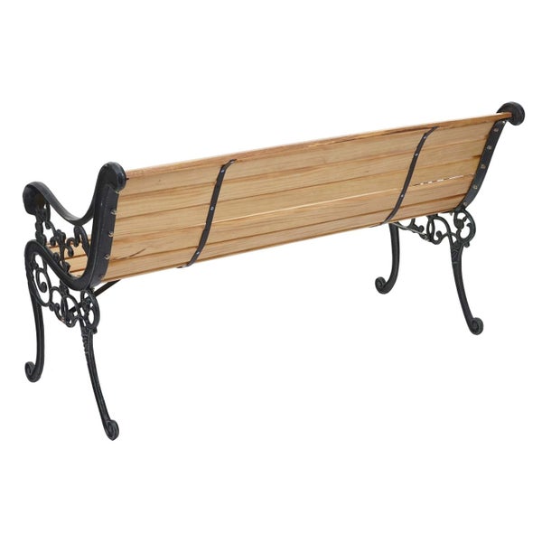 Rückansicht einer Gartenbank mit Holzlatten und einem verzierten Metallgestell aus Gusseisen.