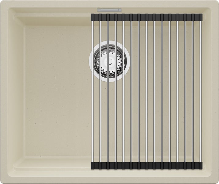 Beige Küchenspüle mit Abtropfgitter und Siebkorbventil