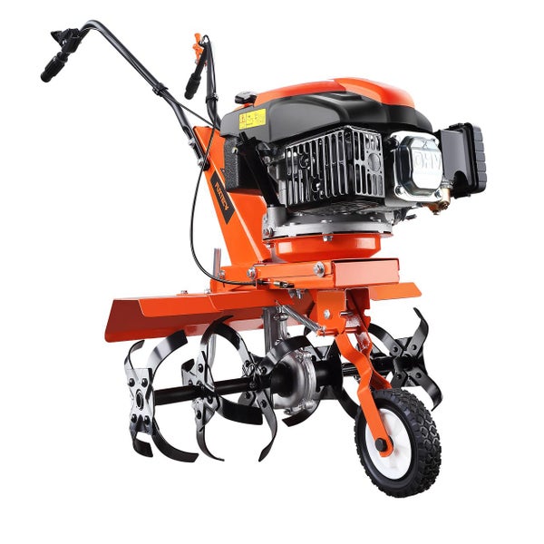 Orange-schwarze FUXTEC Motorhacke mit Benzinmotor, Hackmessern und Führungsrad für die Bodenbearbeitung im Garten.