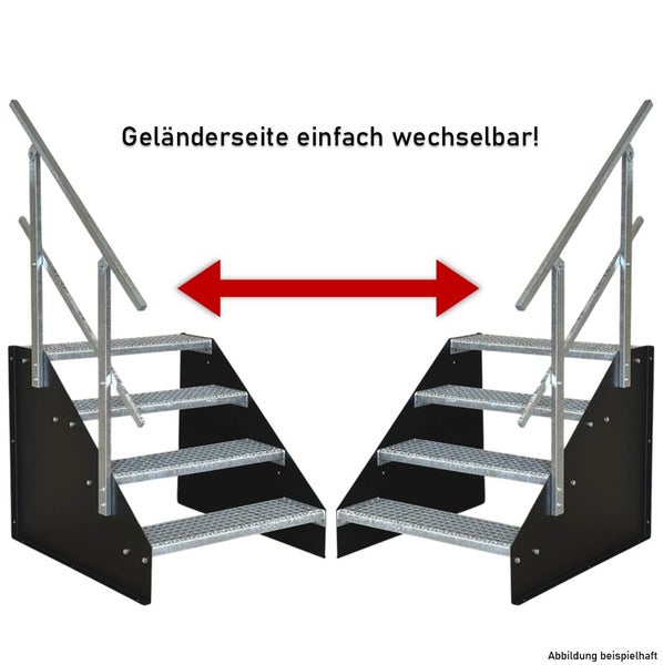 Industrietreppe mit vier Gitterroststufen und schwarzer Seitenwange, Geländer variabel links oder rechts montierbar.