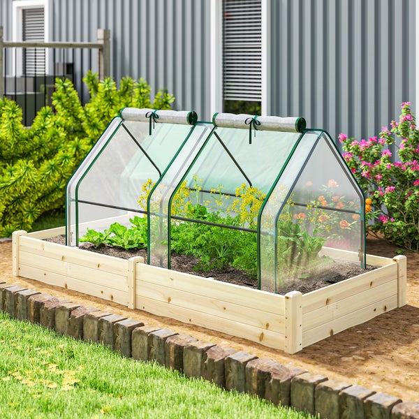 Organisiertes Hochbeet aus hellem Holz mit transparentem Frühbeetaufsatz, bepflanzt mit Kräutern und Salaten in einem hellen Garten.