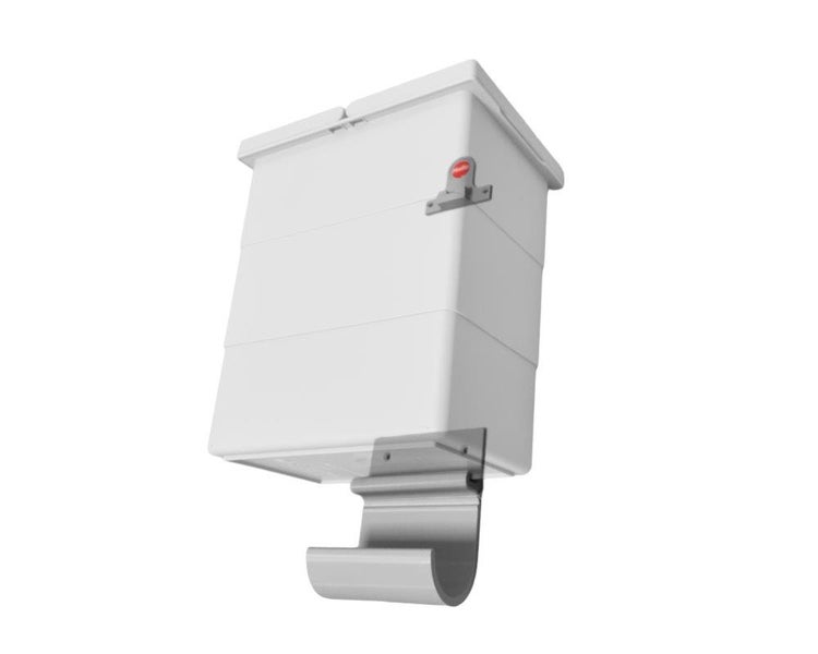 Weiße Wandbox aus Kunststoff mit Halterung und Rotho Logo.