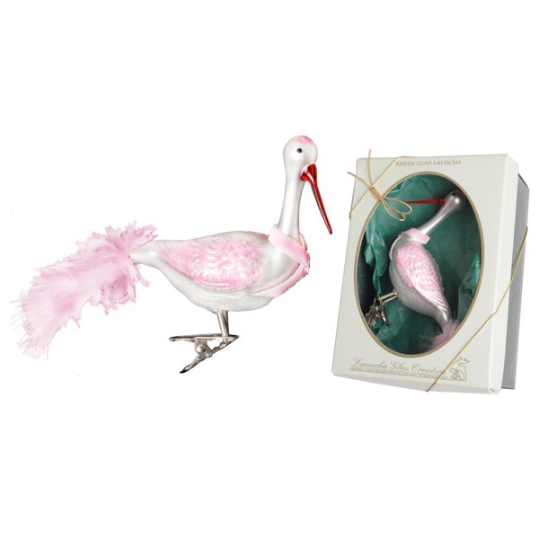 Rosa / Weiß 12cm Storch aus mundgeblasenem Glas mit rosa Schleife auf Clip, handdekoriert mit 6cm echtem Federschwanz (1), 1 Stck., Weihnachtsbaumkugeln, Christbaumschmuck, Weihnachtsbaumanhänger