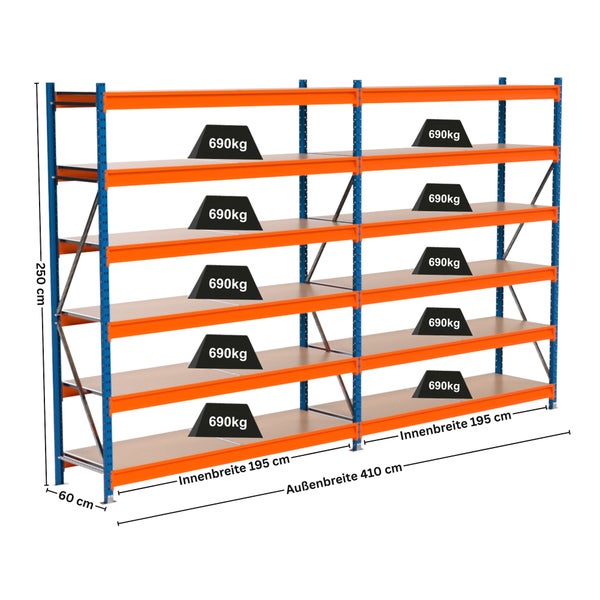 Abmessungen eines Lagerregals mit sechs Regalböden und einer Traglast von 690 Kilogramm pro Regalboden