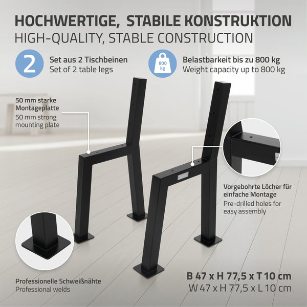 ML-Design 2 Stück Bankbeine H-Form 47x77,5cm Schwarz aus Stahl, stabil wetterfest rostfrei, Bankgestell aus Metall mit Rückenlehne für Außenbereich, DIY Gartenbank Bankkufen Bankfüße Parkbank Sitzbank