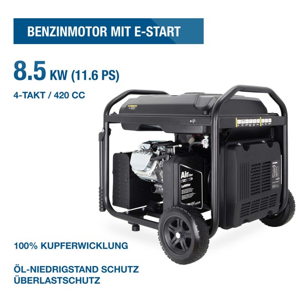 Benzin-Stromerzeuger mit Elektrostart, 8,5 Kilowatt, 11,6 Pferdestärken, 4-Takt-Motor, 420 Kubikzentimeter, Kupferwicklung und Rädern.