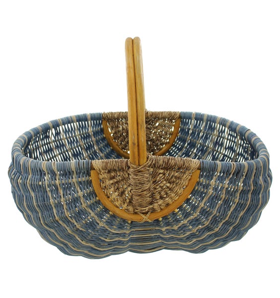 FRANK FLECHTWAREN | Einkaufskorb Blau/Natur, RATTAN, 49 x 34 x 24 cm, GH 38 cm