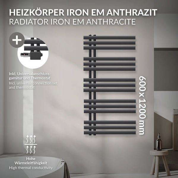 LuxeBath Badheizkörper Iron EM 600x1200mm Anthrazit Mittelanschluss Anschlussgarnitur Thermostat Universal Eck- und Durchgangsform, Design Heizkörper Handtuchwärmer Handtuchtrockner Handtuchheizkörper