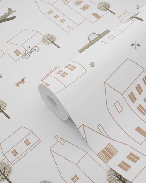 Tapetenrolle mit Haus-, Baum-, Fahrrad-, Hunde- und Flugzeugmuster