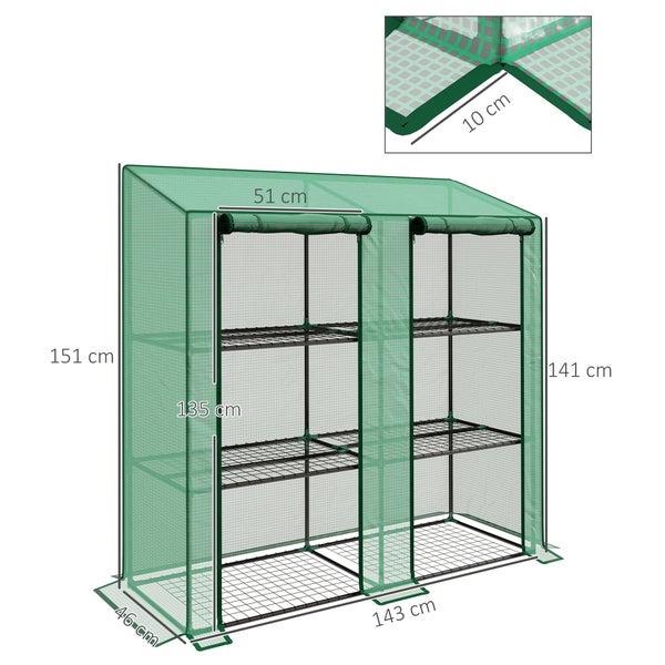 Foliengewächshaus mit Regalen und Maßen: 143 Zentimeter Breite, 46 Zentimeter Tiefe, 151 Zentimeter Höhe. Mit zwei aufrollbaren Türen.