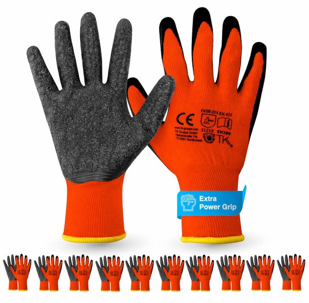Zehn Paar orangefarbene Arbeitshandschuhe mit schwarzer Grifffläche, TK Group Logo, europäische Konformität und Sicherheitsnorm.