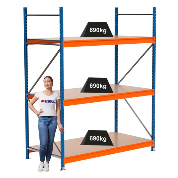 Lagerregal mit drei Ebenen, blauen Rahmen und einer maximalen Traglast von 690 Kilogramm pro Ebene.