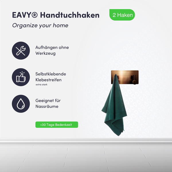 EAVY Handtuchhaken im 2er Set, bronze, werkzeuglose Montage, selbstklebend und für Nassräume geeignet.