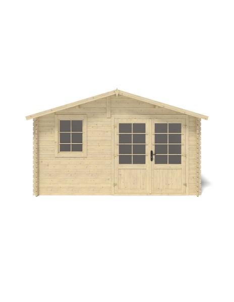 Gartenhaus aus Holz mit Satteldach, einer Doppeltür mit Fenstern und einem Seitenfenster, Blockbohlenbauweise.