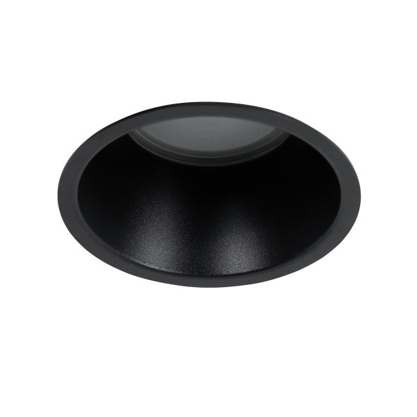 Runder Einbaustrahler aus Metall in Schwarz mit tief liegendem Leuchtmittel.