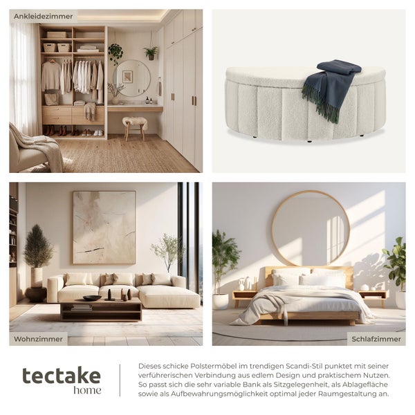 Collage einer gepolsterten Aufbewahrungsbank im Skandi-Stil in einem hellen Ankleidezimmer, Wohnzimmer und Schlafzimmer, tectake home Logo.
