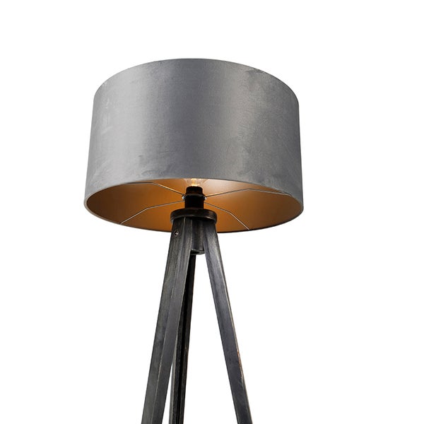 Stehleuchte mit grauem Stoffschirm und Dreibeingestell