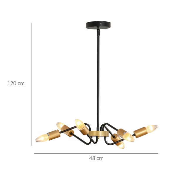 HOMCOM Hängelampe, 6-flammig, höhenverstellbar, mit E27 Lampenfassung, Ø48 x 120 cm, Metall, Schwarz+Gold