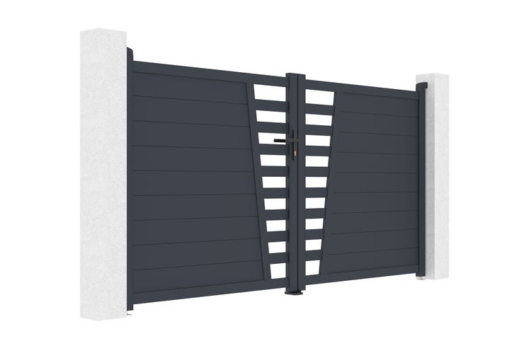 Zweiflügeliges Einfahrtstor aus Aluminium mit horizontalen Lamellen und modernem Dekorelement zwischen zwei Pfosten.