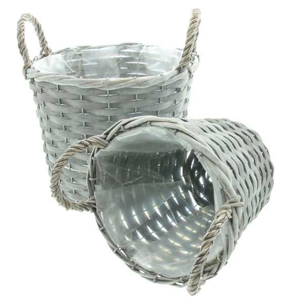 FRANK FLECHTWAREN | Pflanzkorb Grau gekalkt, 2er Set, HOLZSPAN, PAPPEL, METALL, WEIDE, Ø 17 x 17 cm, Ø 25 x 19 cm