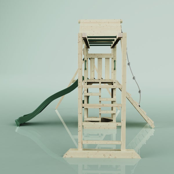 Spielturm aus Holz mit Rutsche, Leiter und Kletterseil