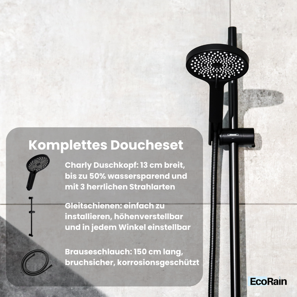 EcoRain 50% Wassersparender Gleitstangen-Duschset Charly - Handbrause 13 CM - Hoher Wasserdruck - Universeller Anschluss - Anti-Kalk Duschkopf - Schwarz