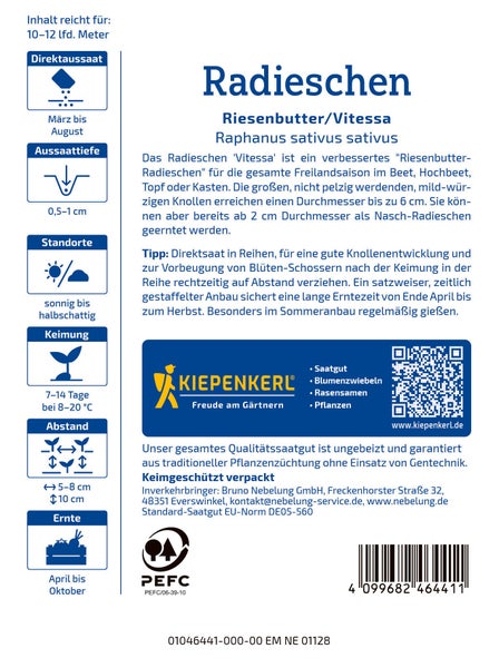 Saatgut Radieschen Sorte Riesenbutter Vitessa für den Anbau im Beet Hochbeet Topf oder Kasten inklusive Anbauanleitung und Kiepenkerl Logo