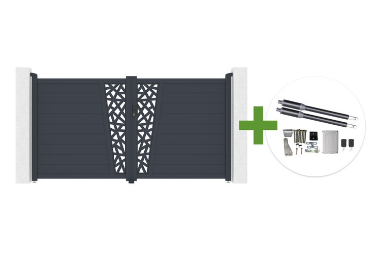 Doppelflügeltor aus Aluminium in Anthrazit mit dekorativem Muster inklusive elektrischem Drehtorantrieb und Montagezubehör.