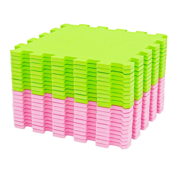 Stapelbare Puzzlematten aus weichem Schaumstoff in Pink und Grün mit verzahnten Rändern für den Bodenschutz.
