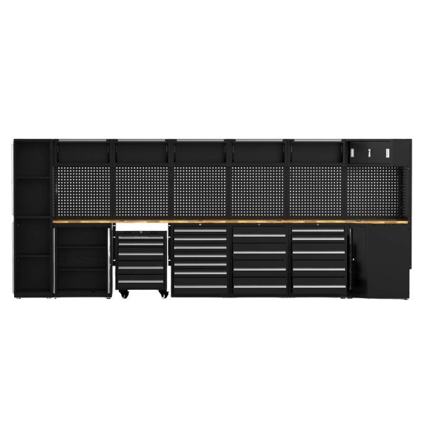 Modulares Werkstattsystem bestehend aus Werkzeugschrank, Werkbank, Hängeschränken und Rollwagen mit Maßangaben für eine professionelle Werkstatt.